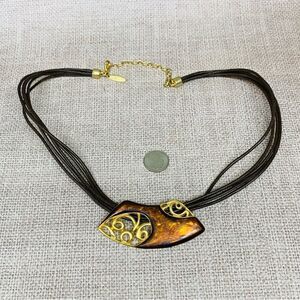 Avenue Muti Strand Brown Leather Enameled Necklace